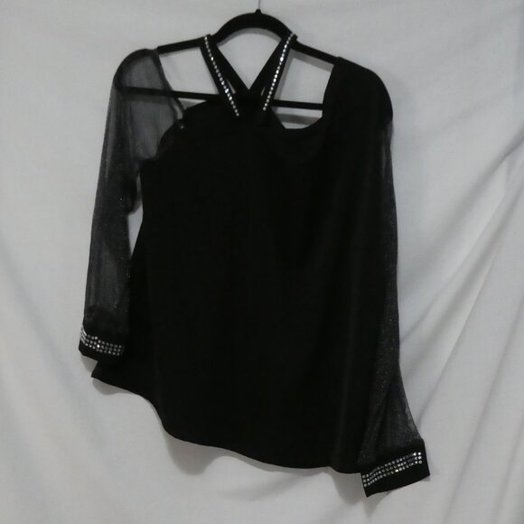 SHEIN - Curve | 1XL | Black Shiny Rhinestone Mesh Sleeve Top | Cold Shoulder - Picture 3 of 15